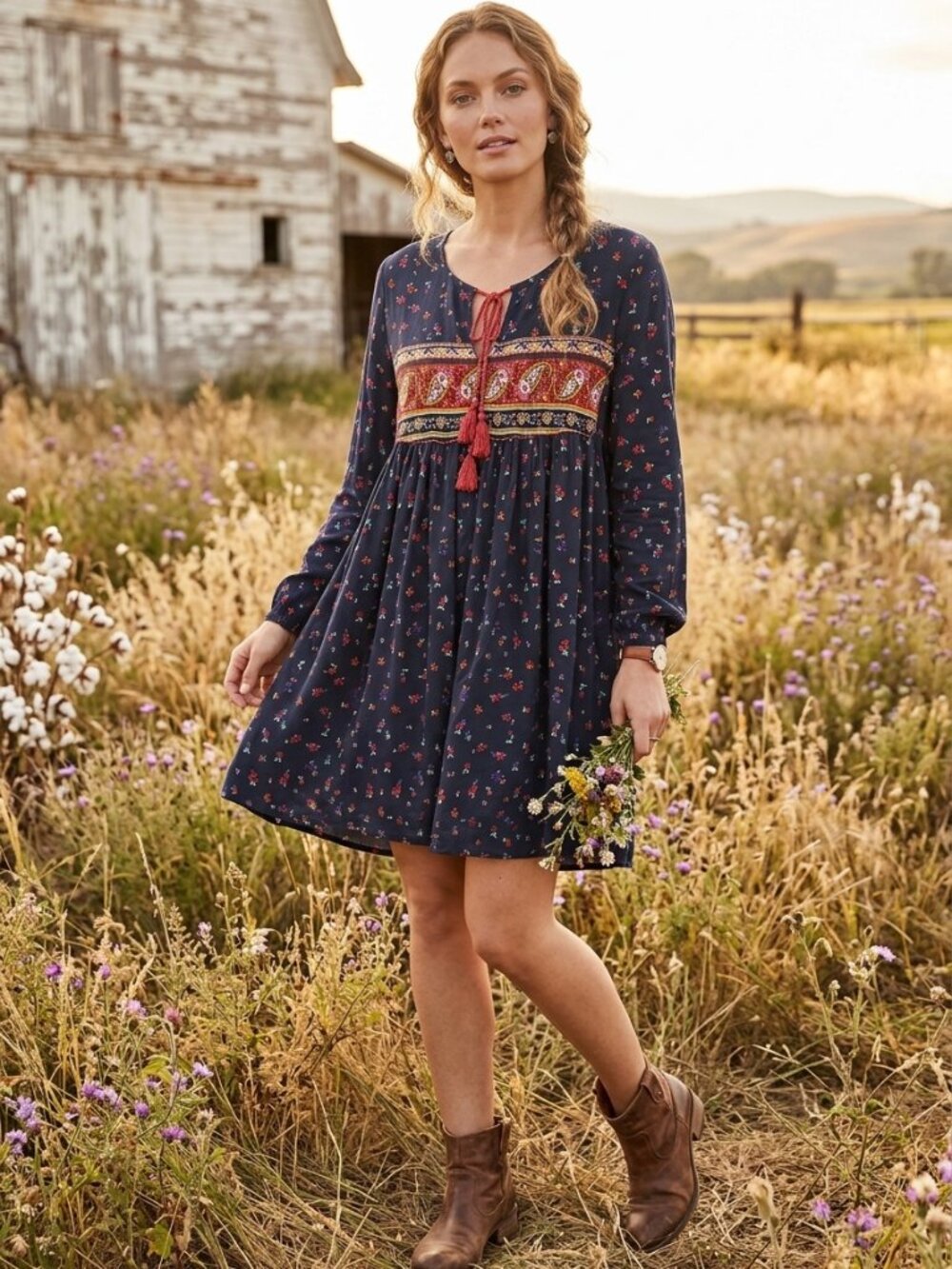 Boho Tunic Tassle Mini Dress Navy Floral Paisley Prairie Lagenlook L Western